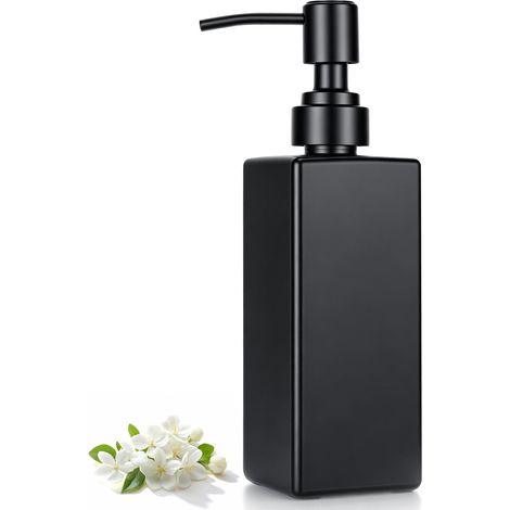 350ml Distributeur de Savon en Verre, Distributeur Shampoing pour Salle de Bain et Cuisine, avec Pompe, pour Gel et Shampooing Douche, Design Moderne Minimaliste pour Plan de Travail(Noir) (1/5)