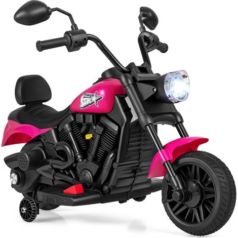 Moto eléctrica infantil con música, faros y ruedines de apoyo.