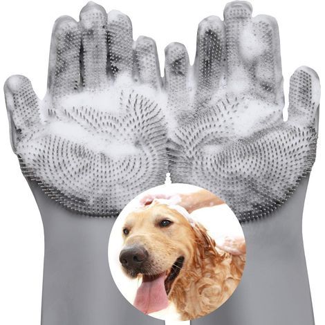 Gant Toilettage Chien, Gant Toilettage Chat en Silicone de Qualité Alimentaire, Gant de Toilettage pour Animaux Domestiques Gant Brosse Chien Gant Brosse Chat Gant d'Épilation - Gris (1/5)