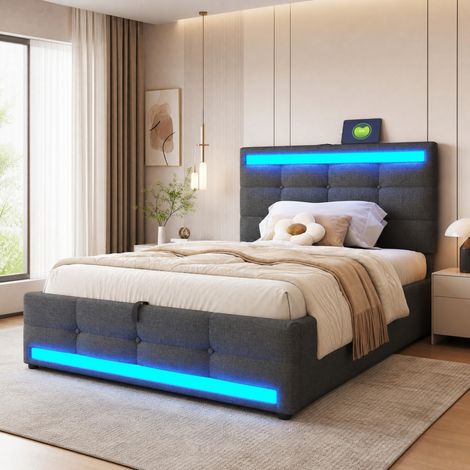 Cama con almacenaje 90 x 200 cm con LED RGB, USB y cabecero regulable, gris HAVRYA (1/5)