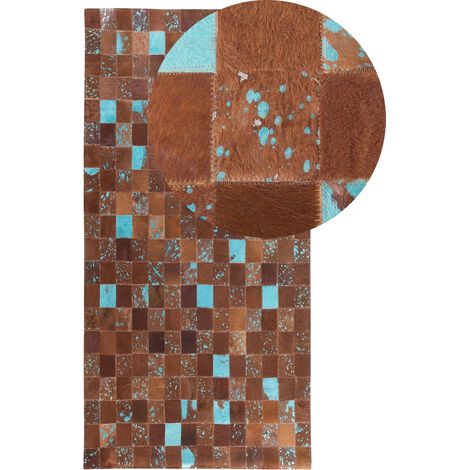 Tappeto patchwork in pelle marrone e blu - 80 x 150cm - Aliaga