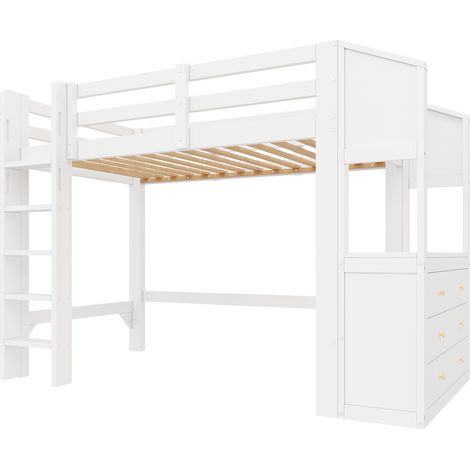 Letto a soppalco 90 x 200 con 3 cassetti, ripiani e illuminazione LED, bianco (1/5)