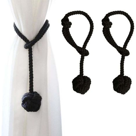 Juego de 2 alzapaños para cortinas con bola grande de algodón tejida a mano para cortinas de exterior (Negro, 2) - Crezuo