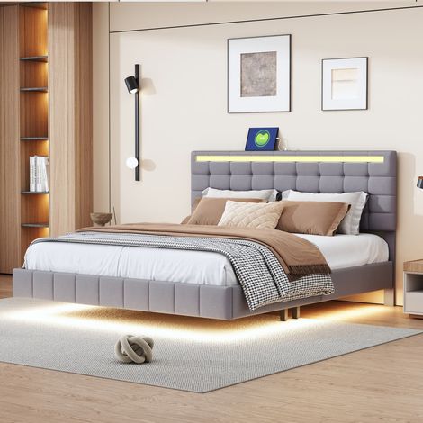 Lit suspendu capitonné 160x200cm avec éclairage LED, lit double avec tête de lit réglable, lit moderne pour enfant/adulte avec sommier à lattes, pour chambre à coucher,lin,gris (1/5)