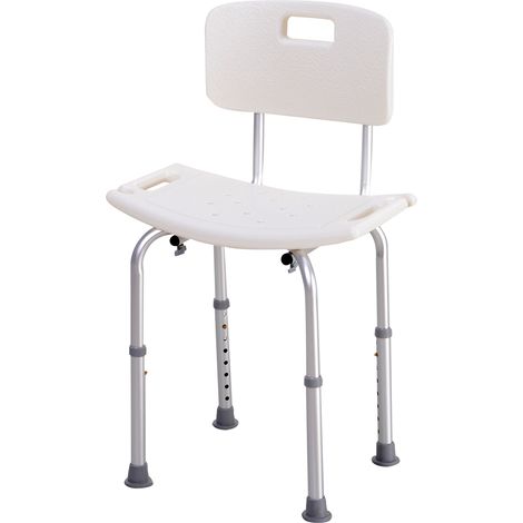 Chaise de douche ergonomique hauteur réglable pieds antidérapants alu PEHD blanc charge max 136 kg