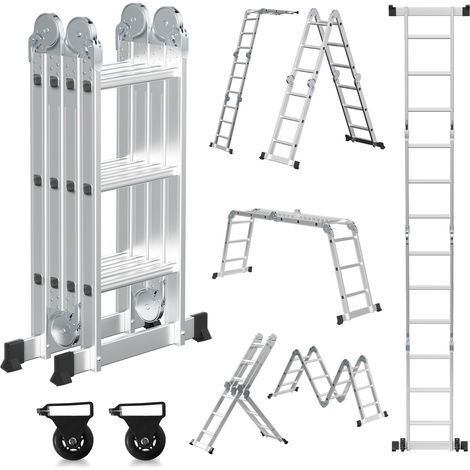 Randaco Escalera multiposición 7 en 1 de aluminio, 4x3 peldaños, aprox. 360 cm / 3,6 m, plegable, 2 plataformas + 2 ruedas, carga máxima 150 kg (1/5)