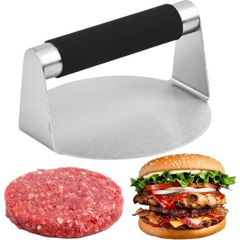 Prensa redonda de acero inoxidable para hamburguesas, sándwiches y barbacoas, Incluye mango de silicona (1/5)