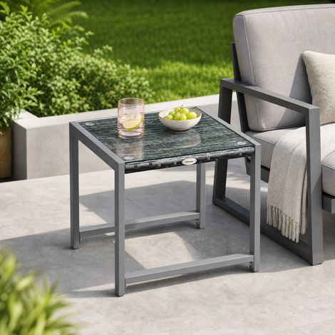 Tavolino da giardino esterno 50 x 49,5 x 50 cm in polyrattan, vetro temperato e alluminio grigio (1/5)