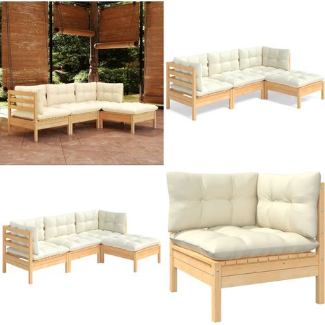 4-tlg. Garten-Lounge-Set mit Creme Kissen Kiefernholz - Garten Lounge Set - Kiefernholz Möbel - Outdoor Möbel - Gartengeräte - Relaxsessel - Home & Living