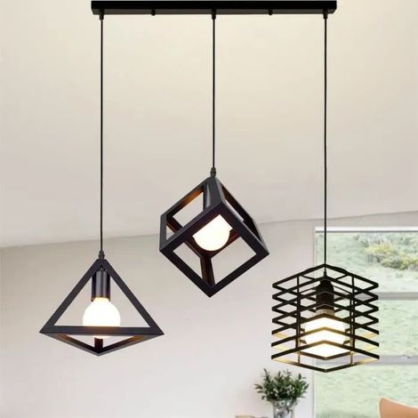U-Do Lustre Plafonnier en Métal 3 Lampes Suspension Luminaire Rétro Lustre Longue Pôle Noir pour Cuisine Bureau Salon (1/4)
