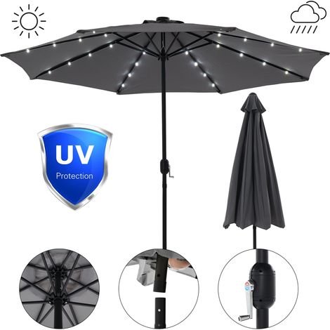 Sonnenschirm Grau Ø3m LED Beleuchtung Strandschirm Gartenschirm Marktschirm Ampelschirm Sonnenschutz Aufklappbar Kurbelschirm Balkonschirm UV-Schutz (1/5)