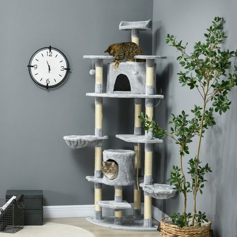 Tiragraffi per gatti da 200 cm con 2 cucce, 2 amache, letto e pali in sisal. Dimensioni: 60x60x200 cm, colore grigio.