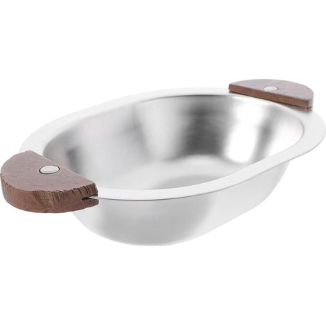 Ciotola ovale per insalata in acciaio inox con manico in legno.