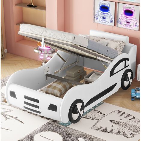 Cama infantil coche moderna PU blanca 90x200 cm con cabecero ventana, somier de láminas y arcón bajo cama (1/5)