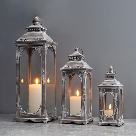 Set de 3 Lanternes Vintage pour Bougies 26/35/50 cm Haut, Porte-Bougie Métalliques Décoratifs avec Verre Trempé pour Maison, Salon, Jardin (Gris Ciment) (1/4)