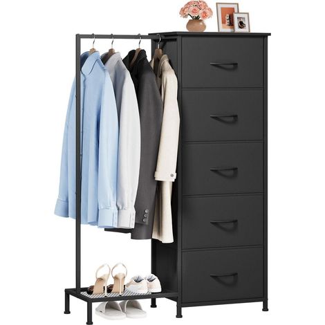 Stoffkommode mit 5 Schubladen und Kleiderstange, Schwarz (1/5)