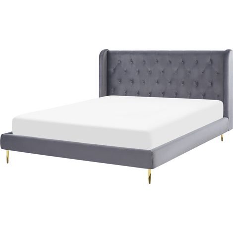 Cama con somier de terciopelo gris 160 x 200 cm cabecero capitoné moderno Forbach
