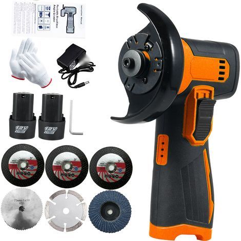 Mini 12V Angle Grinder, 3"/76mm Grinding Blade Diameter, 19500RPM, Cordless Angle Grinder with 2 x 1300mAh Batteries and Charger, 6 Cutting Discs, For Grinding and Cutting (Orange) (1/5)