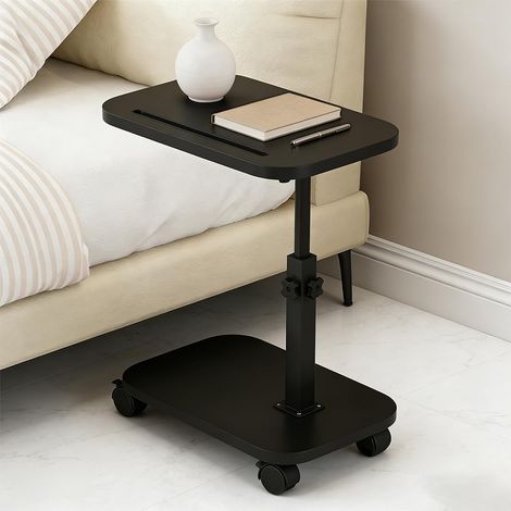 Table d'appoint réglable en hauteur, en forme de C, avec roulettes, pivotante à 360°, en bois, mobile, petite table d'appoint en forme de C, pour canapé, salon (noir) (1/5)
