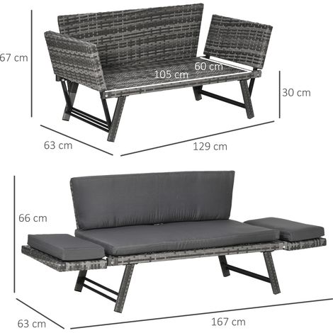 Canapé de jardin deux places en rotin (revêtu, avec accoudoirs rabattables), 129 x 63 x 67 cm, gris (1/5)