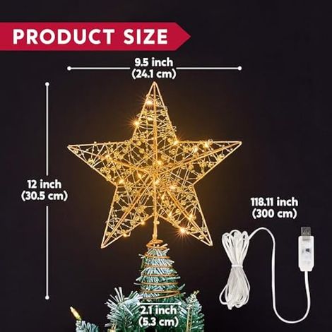Décoration de sapin de Noël : ornement de 30 cm en perles métalliques, 20 LED blanc chaud, pointe dorée, alimentation USB et télécommande. (1/4)