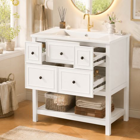 Mobile lavabo 76x46,5x82 cm in MDF e ceramica bianco con 5 cassetti - MEUBLIV (1/5)