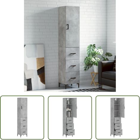 The Living Store Buffet haut Gris béton 34,5x34x180 cm Bois d'ingénierie - Buffet Design Moderne - Meuble De Rangement - Armoire Gris - Buffet Haute Capacité - Meuble Salon (1/5)