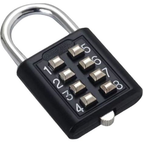 Cadenas à combinaison en alliage noir (1 pièce), cadenas sécurisé à 8 chiffres avec code fixe pour valises, cadenas à combinaison rond au design durable (1/2)