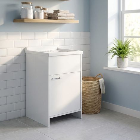 Lavatoio in PVC bianco con scarico autopulente e piletta 45x50x85H cm (1/5)