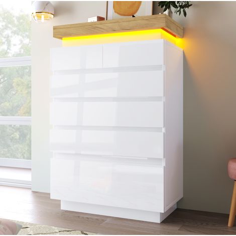 Kommode 73x39x115 cm Weiß aus Spanplatte und MDF mit 6 Schubladen und LED-Beleuchtung (1/5)