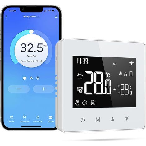 Intelligenter WLAN-Thermostat mit LED-Touchscreen, kompatibel mit Alexa und Google Home, Sprach- und Fernbedienungssteuerung für Gasheizkessel (kabellos) (1/5)