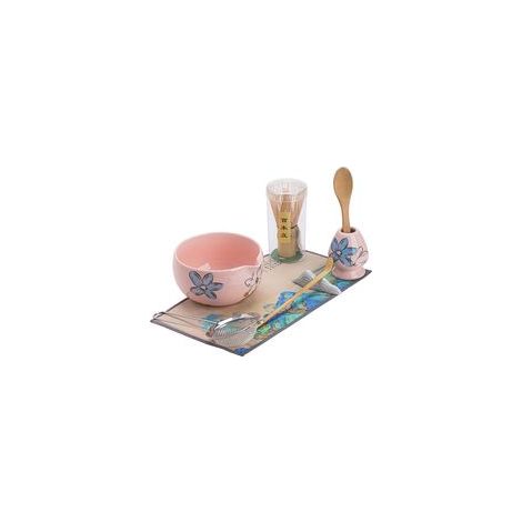 Service à matcha de 8 pièces, comprenant un bol en céramique, un fouet en bambou, une passoire, une cuillère et un support, élégant modèle rose . (1/4)