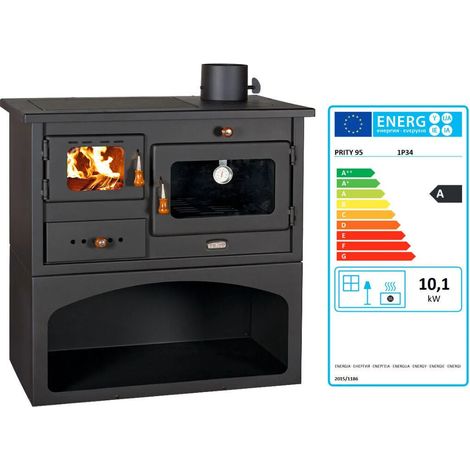 Prity – Poêle à bois 10 kW avec four – Sortie de fumée supérieure 130 mm – Chambre de combustion en briques réfractaires – Largeur 750 mm