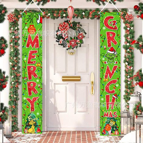 2 distiques de Noël, décorations extérieures, drapeaux extérieurs, Grinch Joyeux Noël atmosphère de fête décoration drapeau suspendu 180 cm x 30 cm tissu polyester 100D