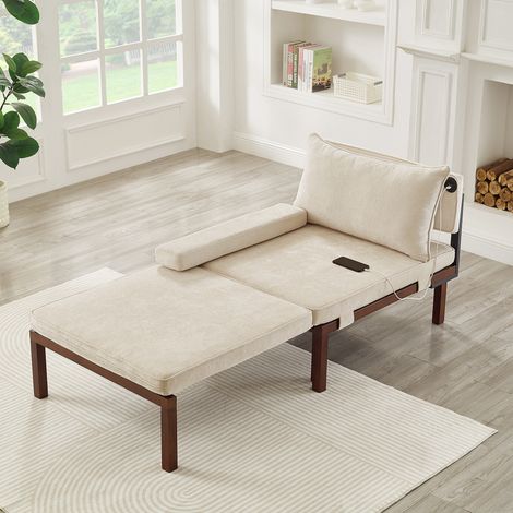 Canapé-lit pliant 2 en 1 fauteuil extensible une place avec coussin, ports USB/Type-C, beige - 130x80x80 cm