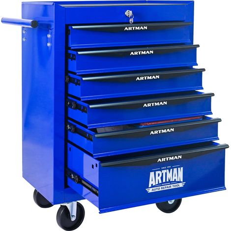 Armadio porta attrezzi mobile in metallo con 6 cassetti, acciaio, nero e blu (1/5)