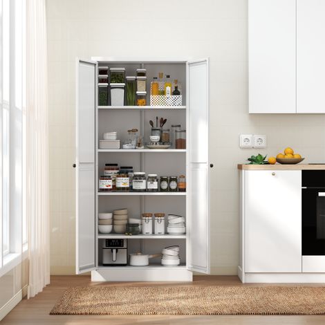 Ce meuble de cuisine en métal blanc est doté de quatre étagères réglables en hauteur. Robuste et durable, il trouvera sa place dans une cuisine, un cellier ou un salon. Dimensions : Hauteur 155 cm × L (1/5)