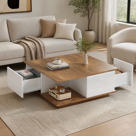 Mesa de centro cuadrada 70 x 70 x 31,5 cm con 3 cajones y hueco semiabierto, blanco y madera HAVRYA (1/5)