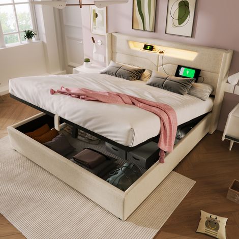 MEUBLIV Lit coffre double avec LED USB Type C tête de lit rembourrée en lin beige 140 x 200 cm avec sommier à lattes (1/5)