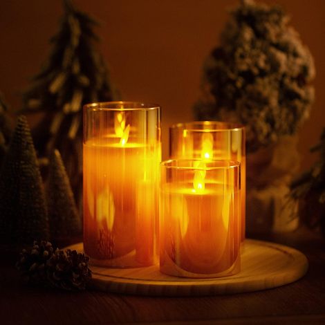 Bougies sans flamme en verre, lot de 3, bougies LED sans flamme, en cire véritable, à piles, avec télécommande et minuterie (doré) (1/4)