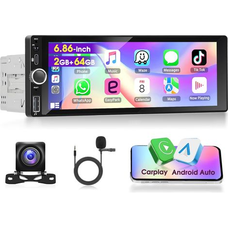 1 Din Autoradio avec Carplay Android Auto Compatible Dab+ OBD2 DSP Android 15 écran Tactile IPS 6,9 Pouces GPS Bluetooth WLAN EQ FM/RDS+AHD Caméra de Recul, Microphone (1/5)