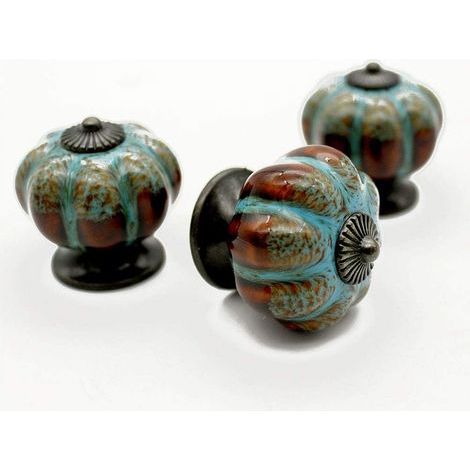 Juego de 3 pomos para puertas, cajones y armarios, de cerámica, con un elegante diseño retro en forma de calabaza - Azul (1/5)