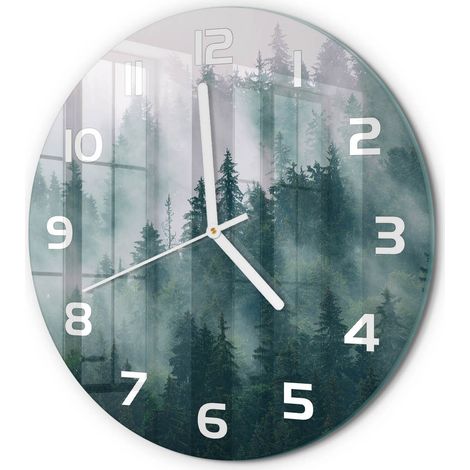 Horloge Murale Ronde Déco Salon Verre Trempé Silencieuse Design Contemporain Brouillard au-dessus de la forêt fi 30 cm (1/5)