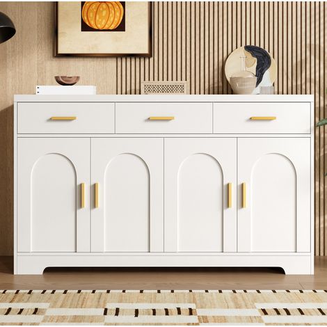 MEUBLIV Sideboard Weiß 140 x 40 x 83 cm – 4 gebogene Türen, 3 Schubladen, verstellbare Böden (1/5)