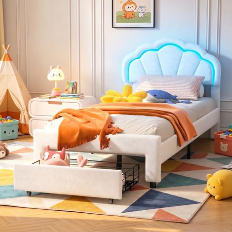 Kinderbett 90 x 200 cm - gepolstertes Kopfteil in Blütenform - Fußend-Schublade - verstellbare Leselampe