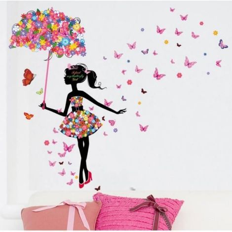 1 Sticker mural, Fée fleur, Danse fille, Parapluie, Papillon, PVC, 140x160cm, Chambre enfant (1/5)