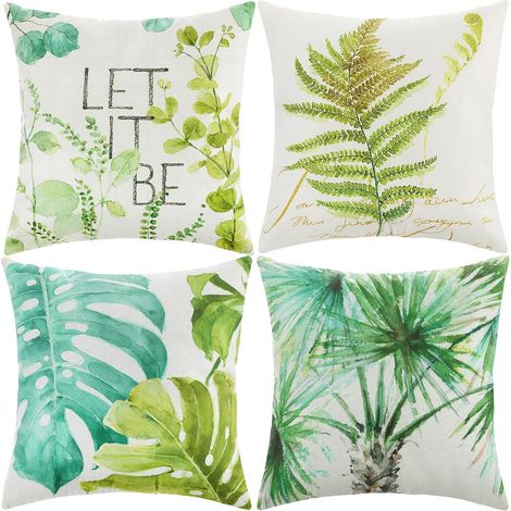 Housse de Coussin, Housse Coussin 45x45 Taie d'oreiller Lot de 4 Housses Coussin Decoratif Fleurs La Vie Marine Plante Tropicale Schéma pour Canapé Chaise de Salon (Vert-Lin)