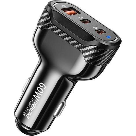 Chargeur voiture rapide 60W WP-C64 fibre de carbone noir - Compatible universel, allumage automatique, double port USB (1/5)