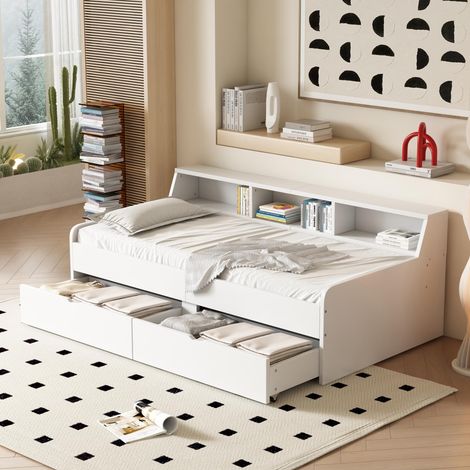 Lit de jour 90 x 200 cm, une place, avec deux tiroirs et un compartiment de rangement, blanc, garantie 2 ans contre défauts (1/5)