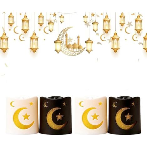 Lot de 4 bougies LED pour le Ramadan - Décoration de l'Aïd Ramadan - Lanternes sans flamme - Mubarak - Étoile - Lune - Bougie électrique - Décoration de table pour la maison et le jardin (1/5)